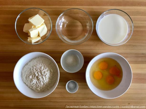 220 g di latte 140 grammi di burro. 100 g di acqua. 0,5 ore. cucchiai di sale. 2 ore. cucchiai di zucchero. 200 gr di farina. 6 uova